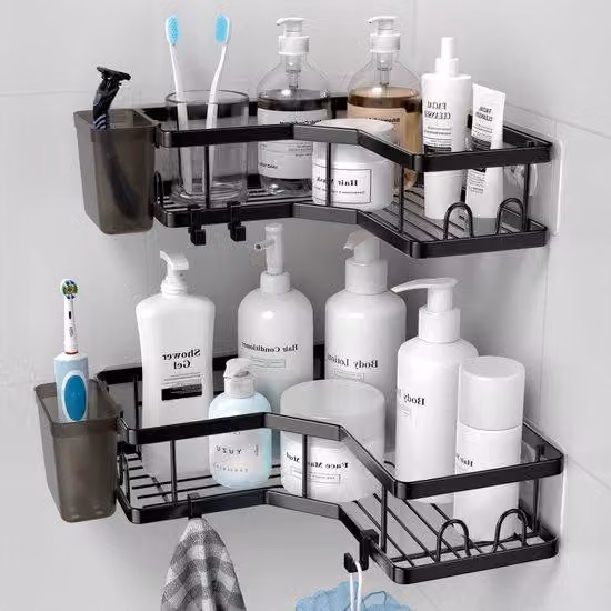 Organizer da bagno autoadesivo con 4 ganci e portatubetti di dentifricio - nero, acciaio inossidabile - 2 pezzi