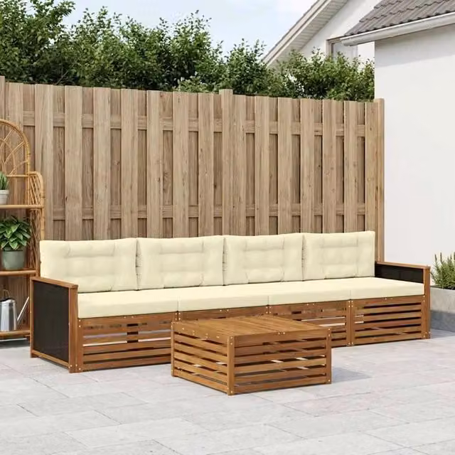 Set di mobili da giardino vidaXL composto da divano a 3 posti, poltrone e tavolino da caffè in legno di acacia con cuscini beige