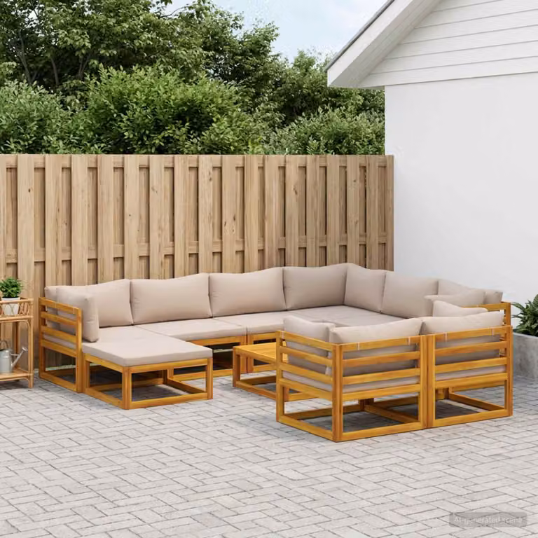 Set di divani da esterno vidaXL in legno di acacia massello con cuscini beige e marrone, composizione a forma di U con tavolino e pouf