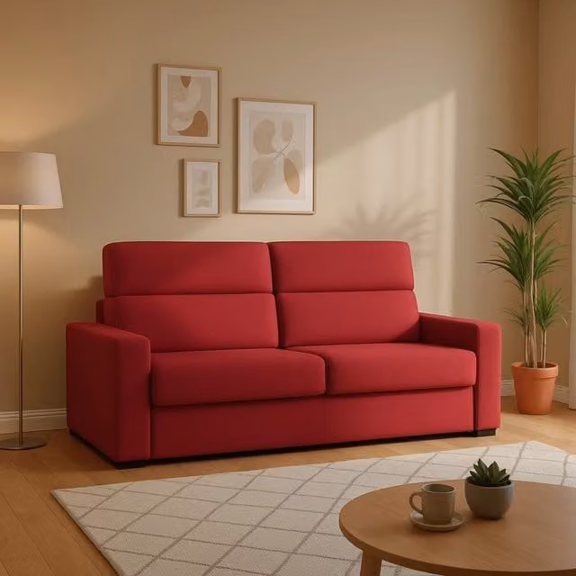 Divano Letto 2 Posti Moderno DMORA Made in Italy con Rivestimento Sfoderabile in Tessuto Rosso, L: 180 cm, P: 95 cm