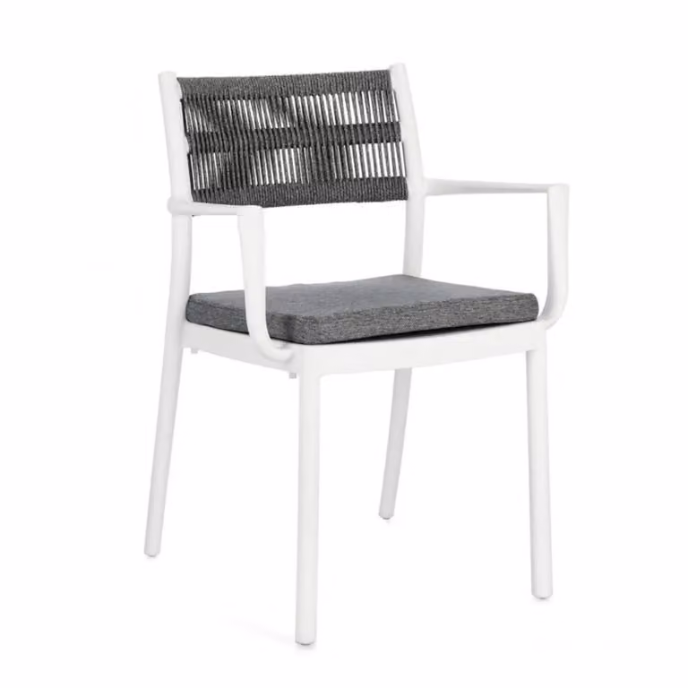 Set di 4 sedie ALVIN in polipropilene bianco e corda intrecciata grigio scuro, con braccioli