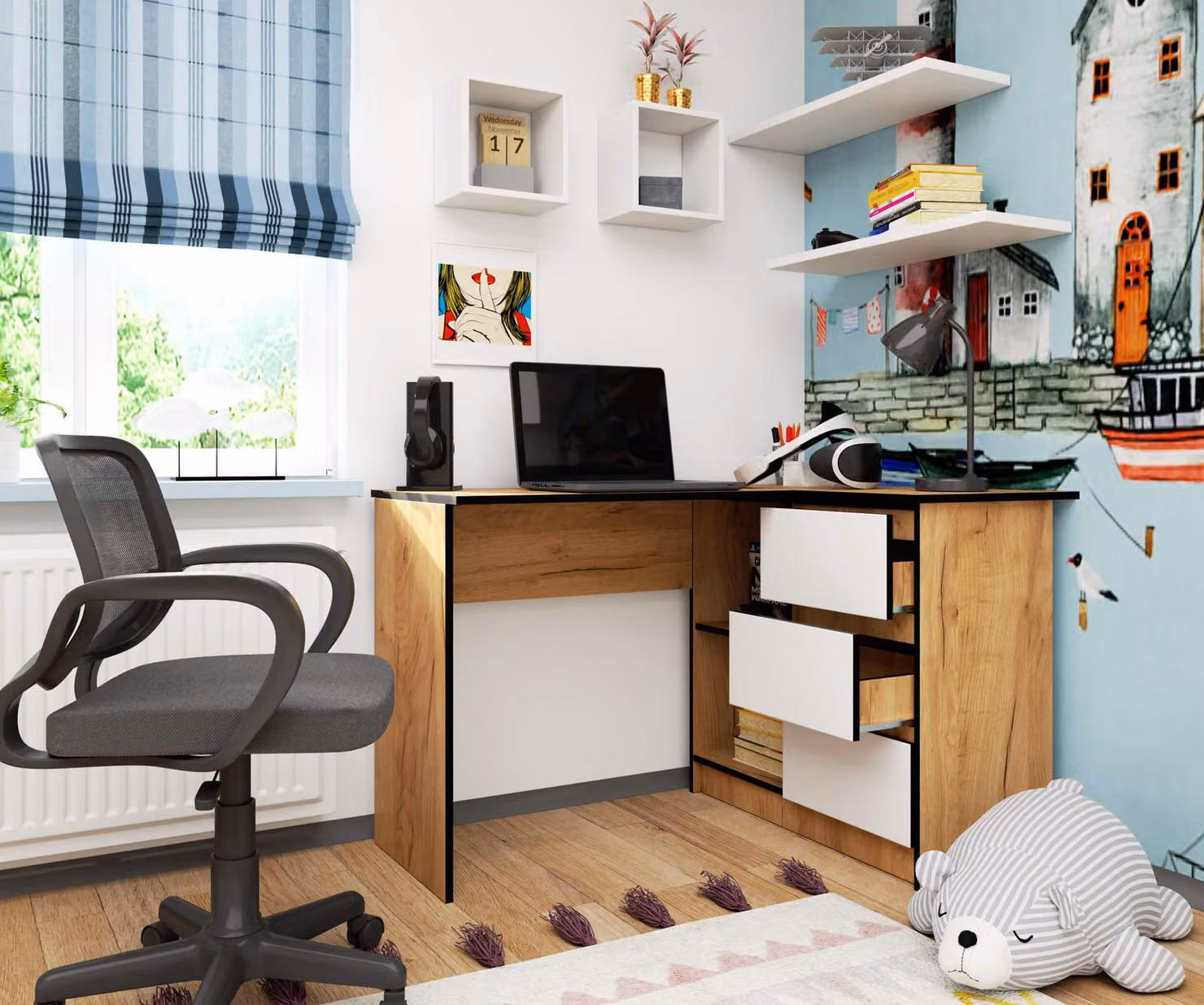 Scrivania angolare da 124 cm con 3 cassetti, scrivania per computer a forma di L, mobile angolare a 2 scomparti