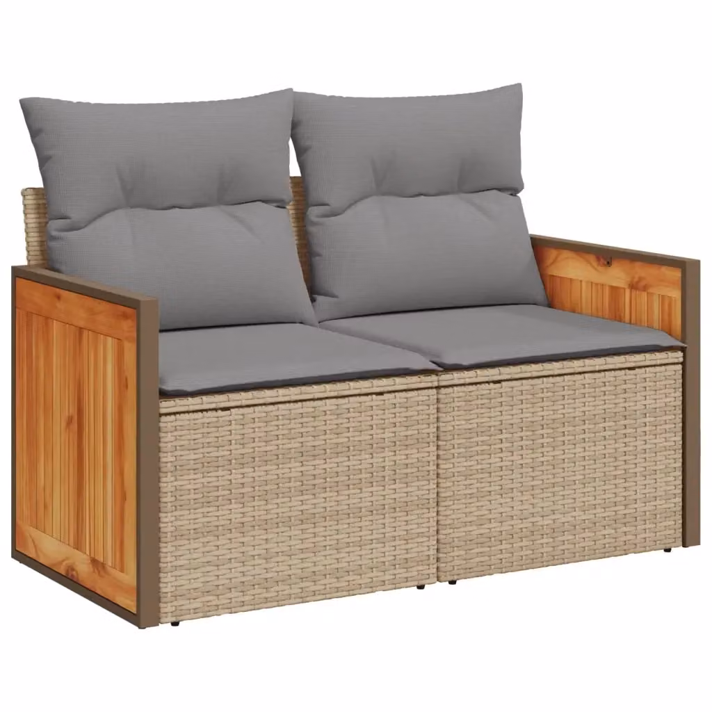 Divano da giardino a 2 posti vidaXL in polyrattan con cuscini beige e grigi e struttura in legno di acacia – 2