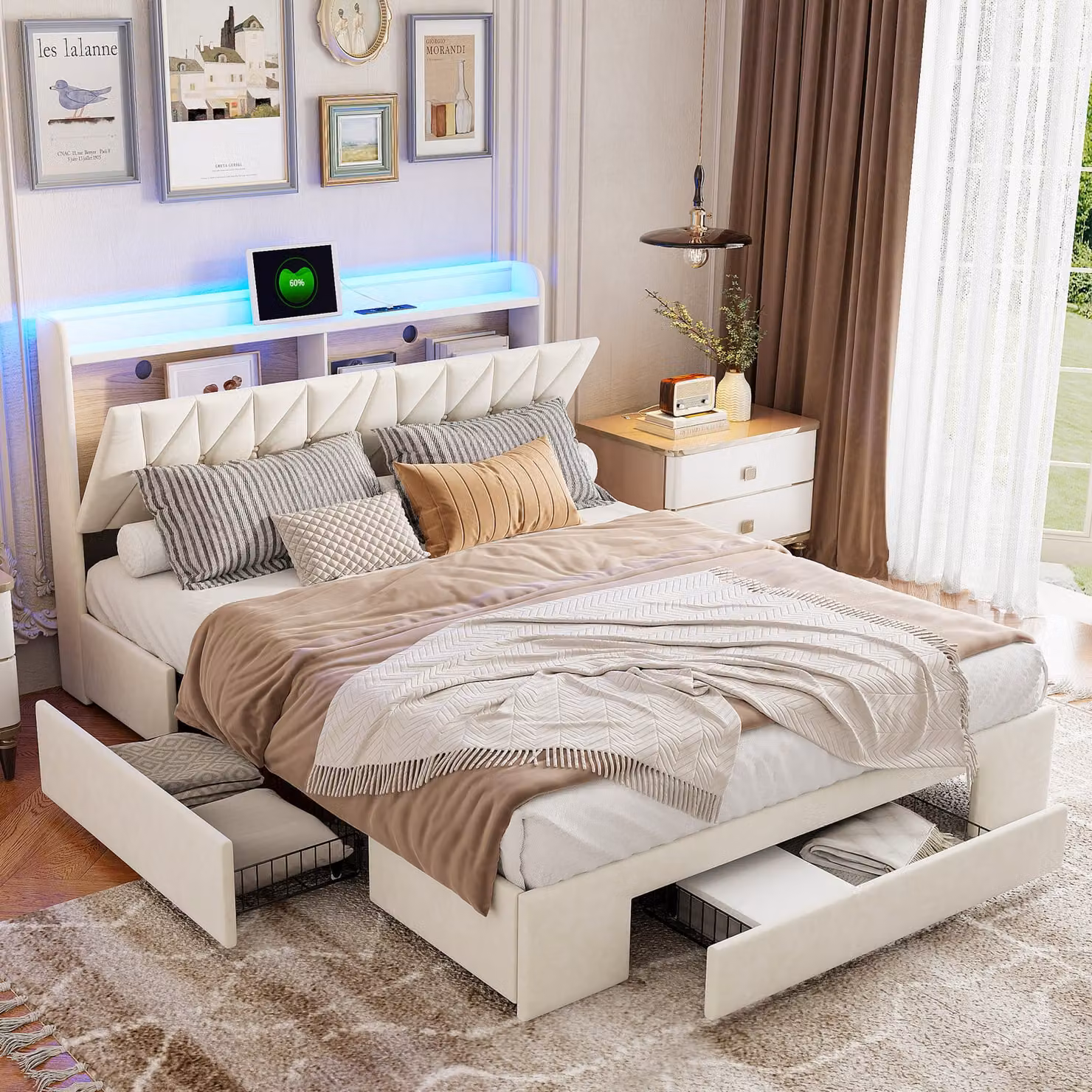 Letto imbottito Fortuna Lai 160x200cm con USB, 3 cassetti, LED e rete a doghe, velluto, beige