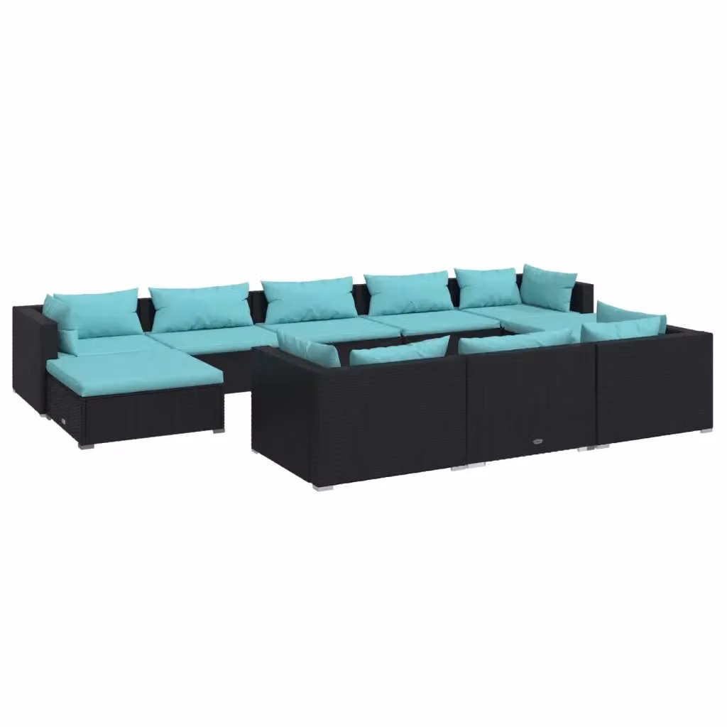 vidaXL Set Divani da Giardino 10 pz in Polyrattan Nero con Cuscini Blu e Rivestimenti Rimovibili – 2