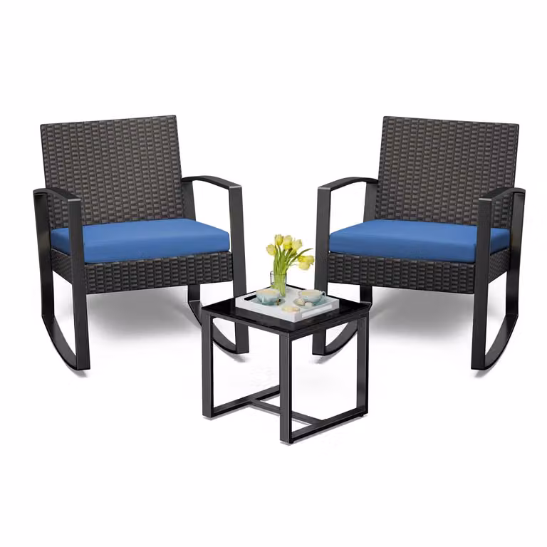 Set di mobili da giardino BEALIFE WR210, composto da 3 pezzi, realizzato in rattan di polietilene | Con cuscini rimovibili di colore blu | Ideale per giardino e terrazza