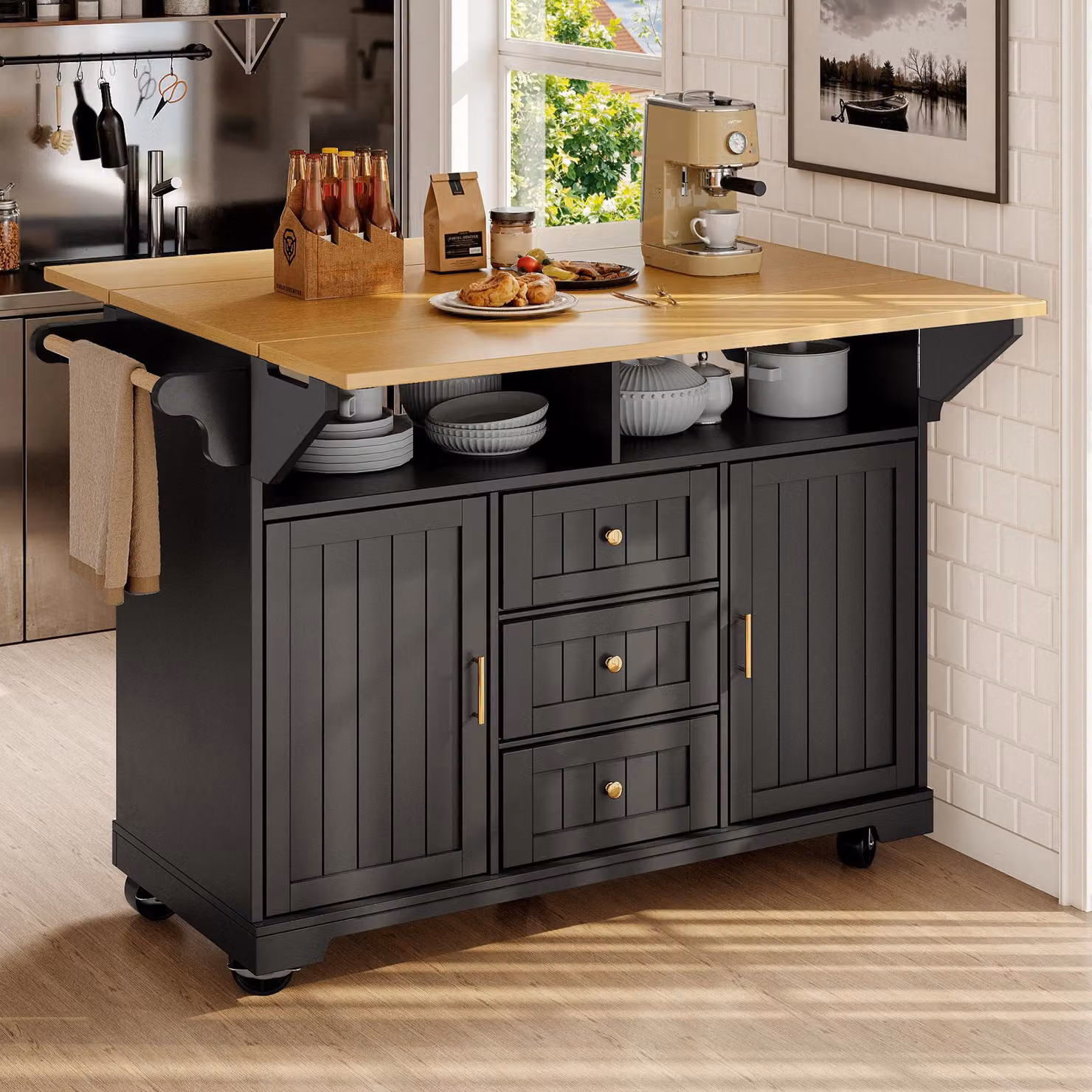 okwish Mobile da cucina ad isola allungabile con portasciugamani e portaspezie, carrello da cucina a buffet con rotelle e 3 cassetti, design del tavolo pieghevole, nero