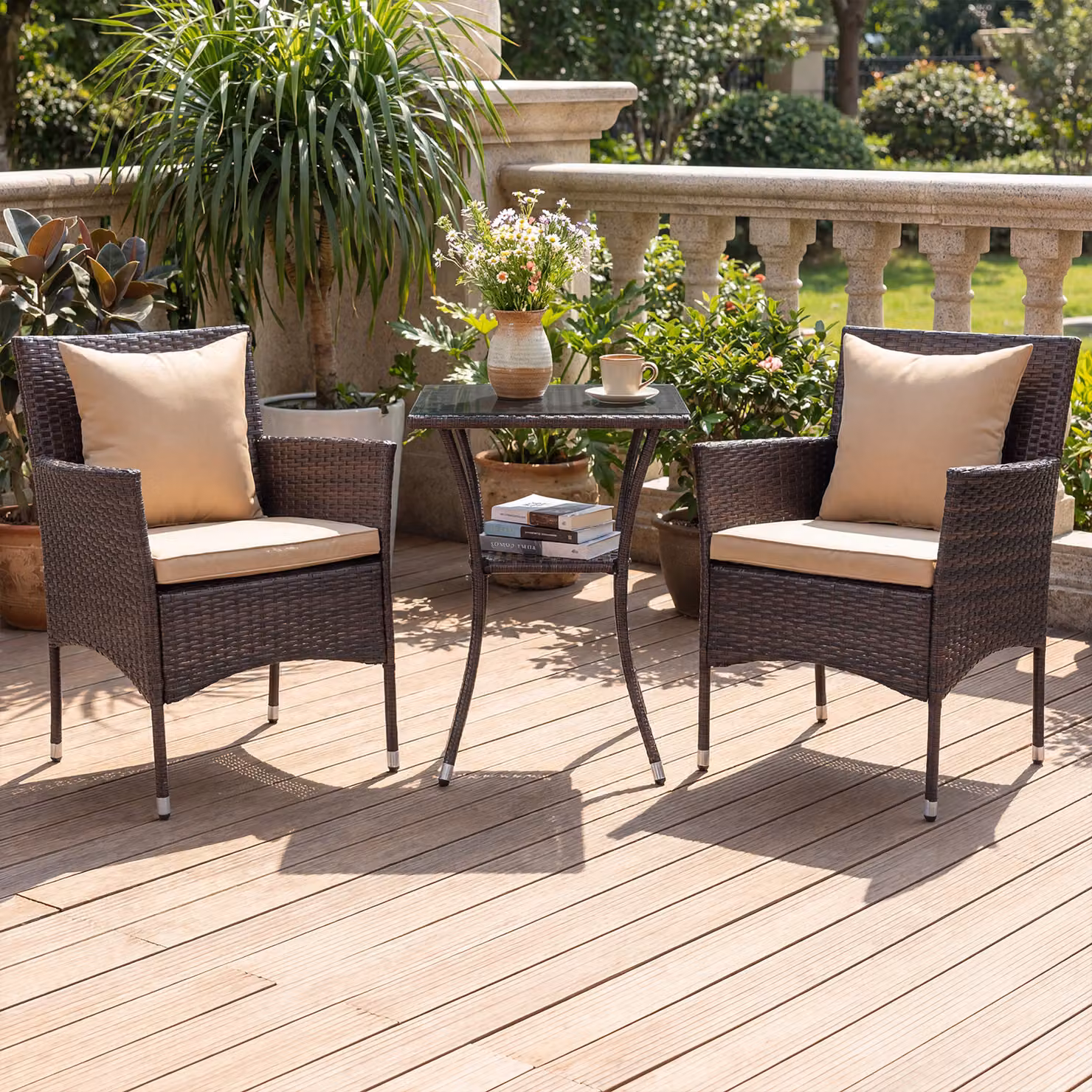 Set da bistrò da esterno Costway 3 pezzi in rattan marrone con cuscini per giardino e veranda