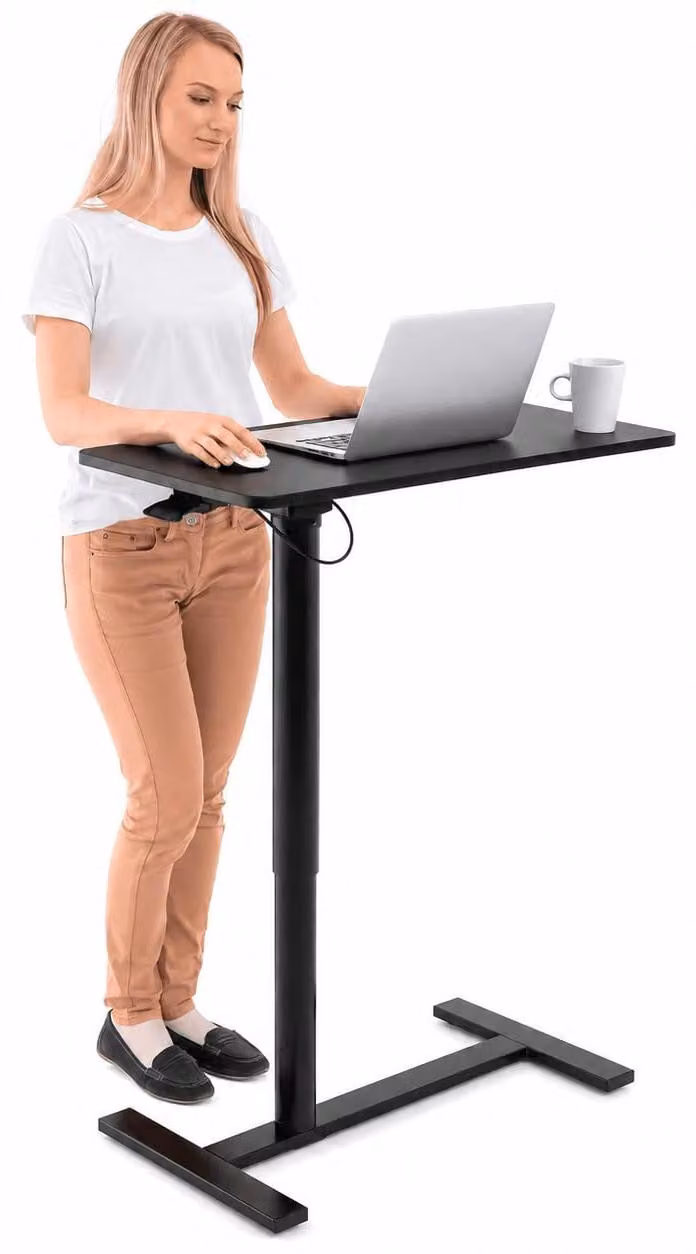 Scrivania regolabile ad aria per laptop, con possibilità di seduta e lavoro in piedi, dotata di ruote, altezza regolabile da 73,7 a 114,3 cm