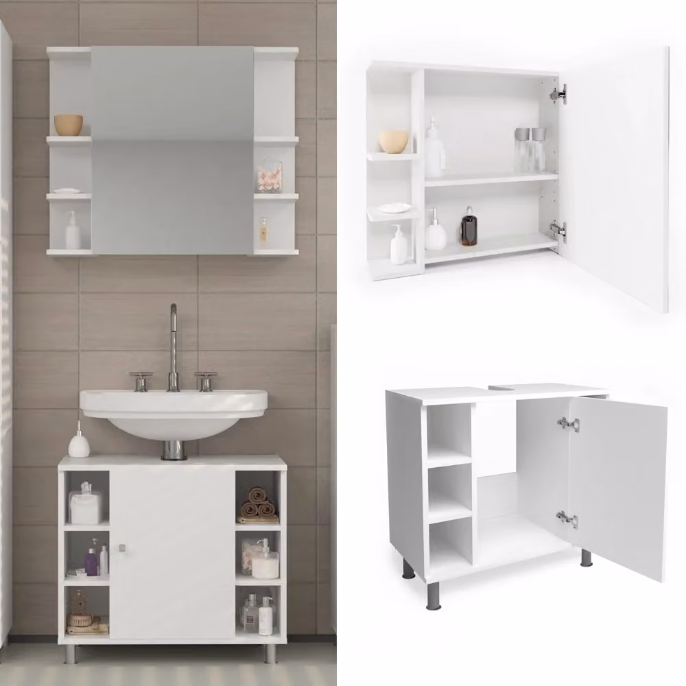 Set mobili bagno Vicco Fynn bianco composto da mobile lavabo e pensile con specchio in stile minimalista – 2