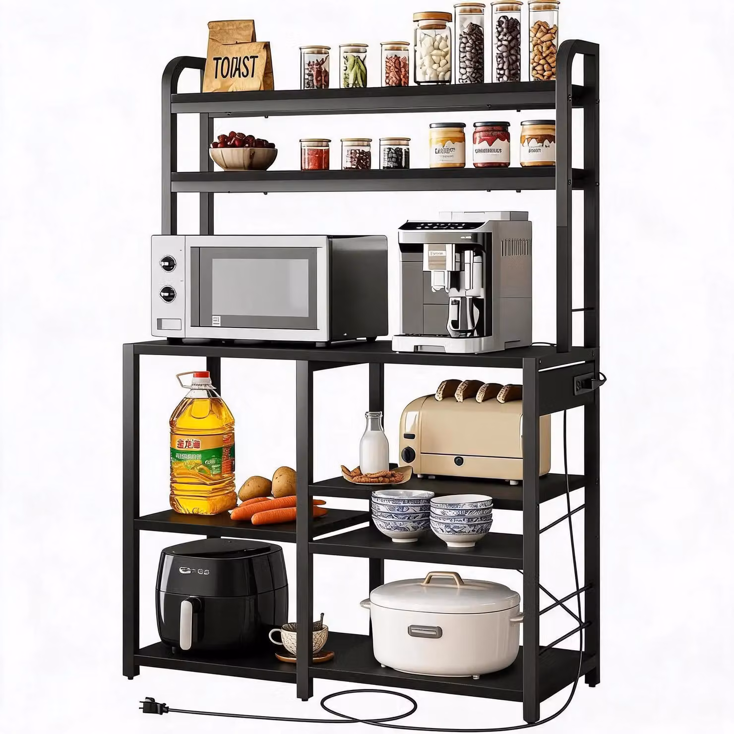 Ripiano portaoggetti per cucina, 6 livelli - Portaoggetti per pasticceria - Organizzatore da cucina autoportante - Con presa di corrente - Ideale per angolo caffè e supporto per microonde - Scaffale portaoggetti in rattan - Colore nero