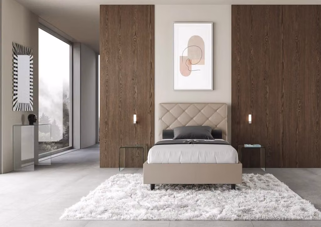 Letto singolo BS COM con rete imbottita in similpelle color beige, L 100 x P 200 cm – 2