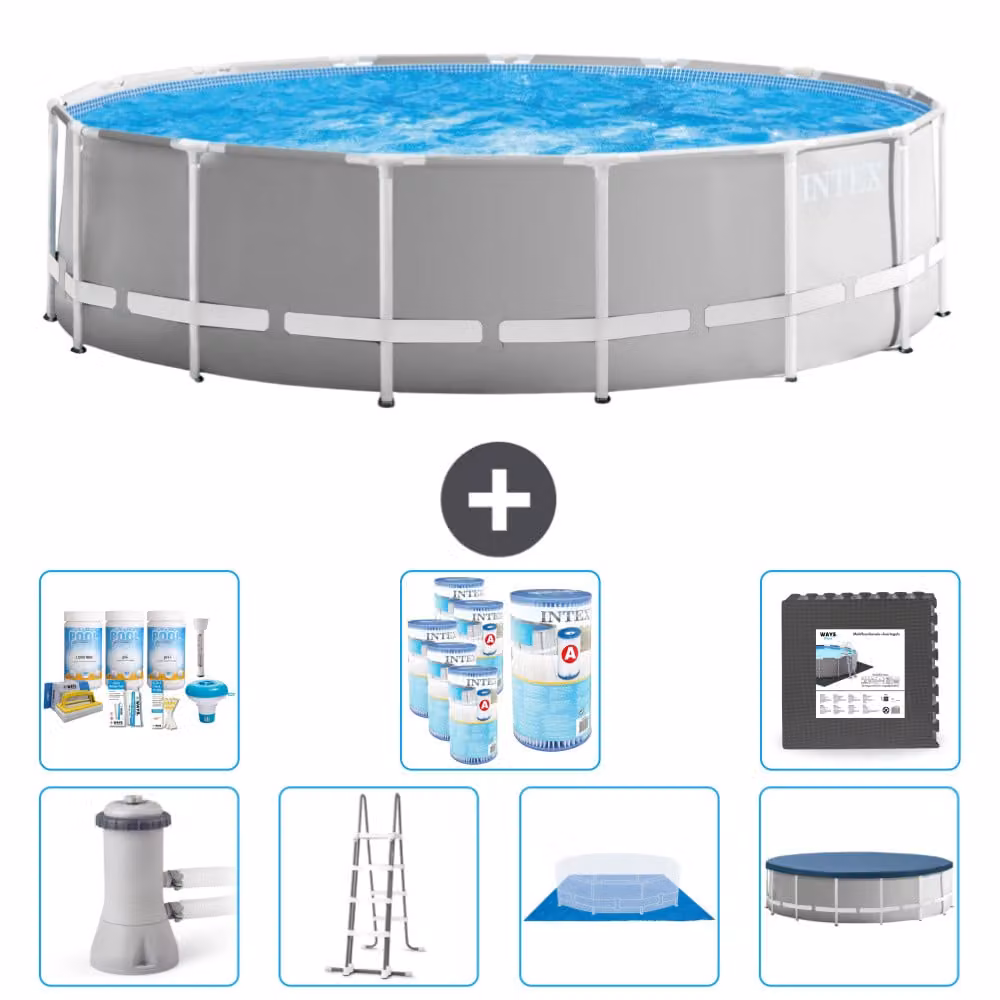 Piscina Intex Round Prism Frame - 457 x 122 cm - Grigio - inclusa pompa - scaletta - telo di fondo - pacchetto di manutenzione della copertura - filtro - piastrelle per il pavimento