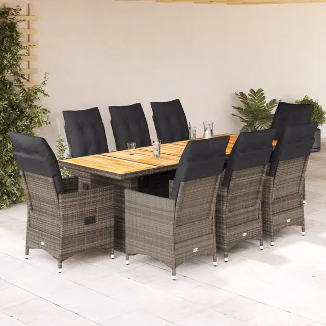 Set Bistrò da Giardino vidaXL in Polyrattan Grigio con Tavolo in Legno di Acacia 9 pz