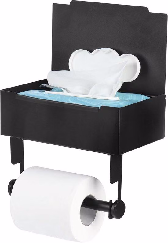 Portarotolo in acciaio inossidabile - con ganci e contenitore - Autoadesivo / Senza foratura - Porta carta igienica - Accessorio per il bagno - Adatto per cucina, bagno e WC - 20,5*13*16 cm - nero