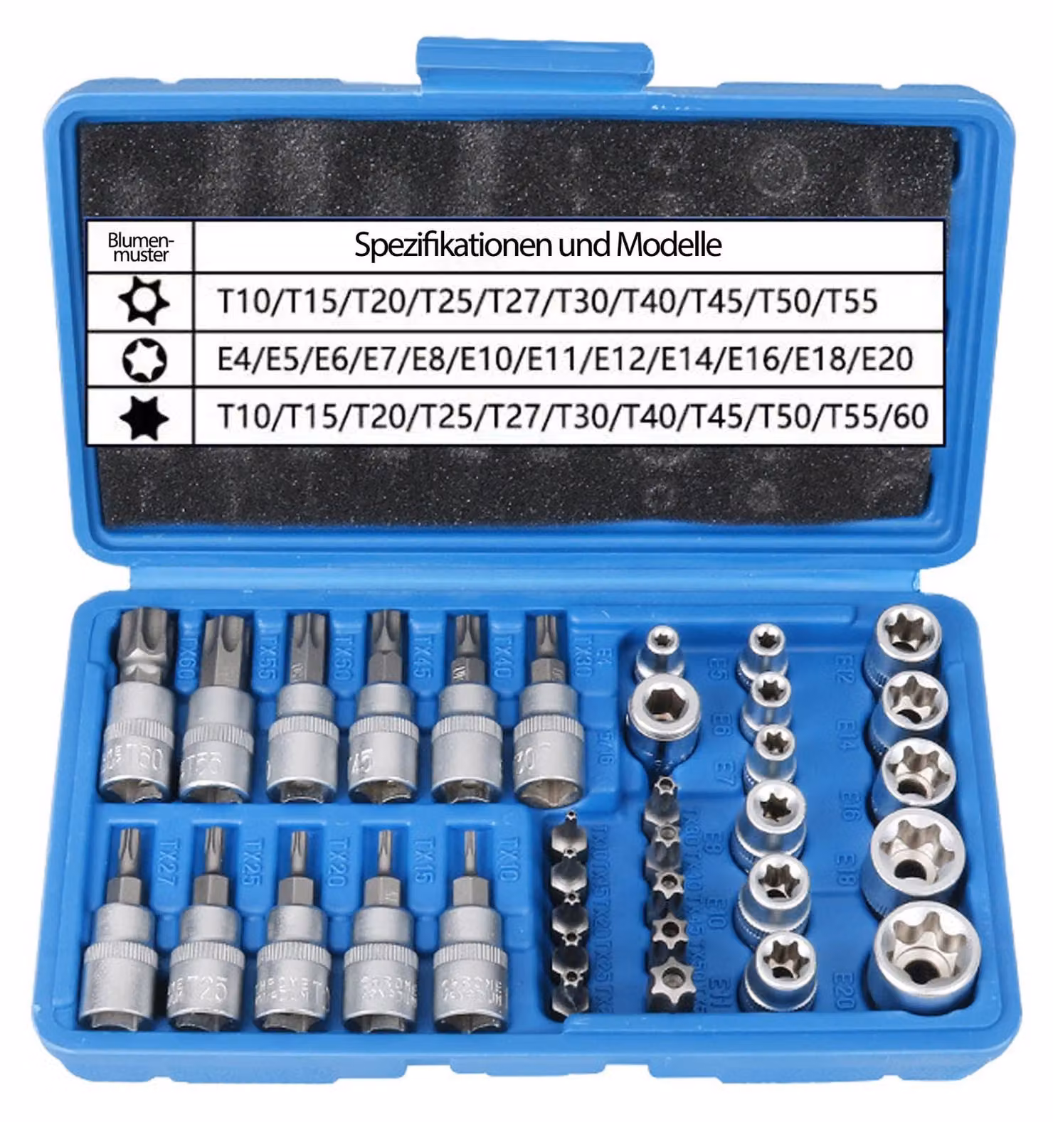 Set di chiavi a bussola Torx e inserti esagonali: set da 34 pezzi, composto da chiavi a bussola Torx interne ed esterne, inclusi dadi da E4 a E20, e un set di inserti Torx da T10 a T60
