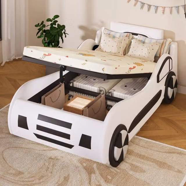 Desviae Letto per bambini a forma di auto 90 × 200 cm con rete a doghe vano contenitore idraulico in MDF e PU