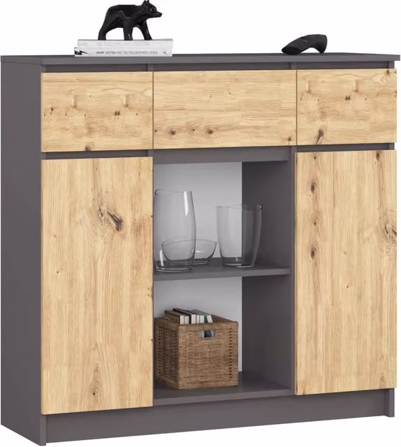 Cassettiera AKORD K100 Grigio Grafite con inserto in Quercia, 2 ante e 3 cassetti, L/P/H: 101 x 35 x 98 cm