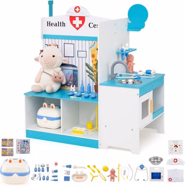 Set dottore in legno per bambini con lavandino e monitor ECG, 27 accessori multicolore per l'apprendimento cognitivo e sociale, ideale per età 3-6 anni – 1
