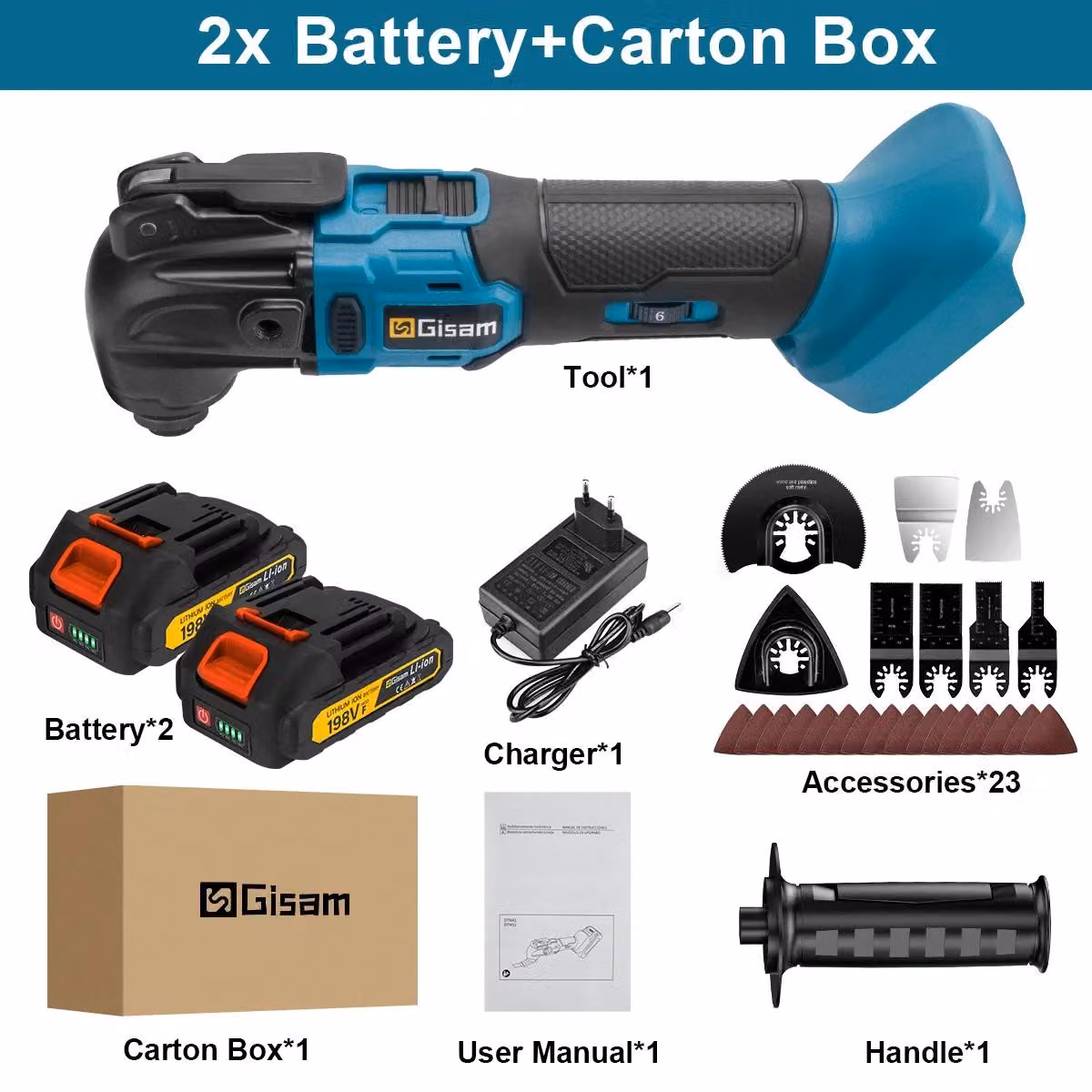 Multitool oscillante – Utensile multifunzione a batteria da 18V, senza spazzole – 6 velocità – 20.000 oscillazioni al minuto – Ideale per tagliare, smerigliare e levigare – Set con 2 batterie