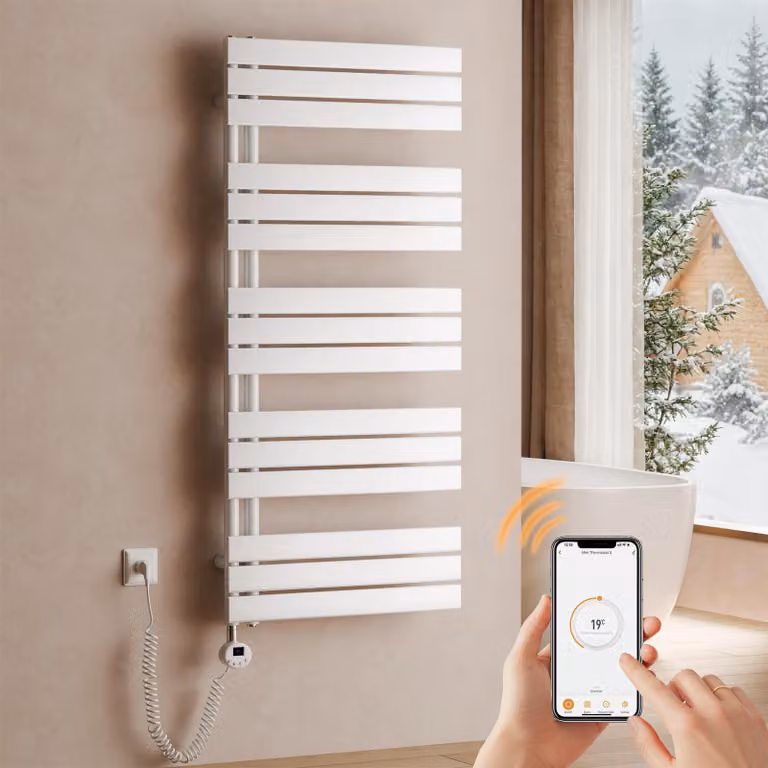 Asciugatore elettrico per asciugamani, dimensioni 1320 x 600 mm, 800 W, bianco, radiatore da bagno con termostato, Wi-Fi, timer programmabile e display LCD – S'AFIELINA