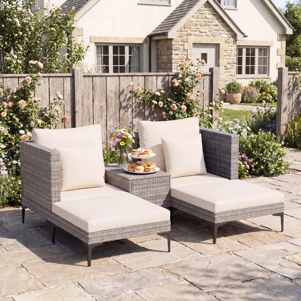 Set da giardino Outsunny in rattan e metallo con 2 poltrone lounge, 2 pouf e tavolino da esterno, colore bianco e grigio – 2