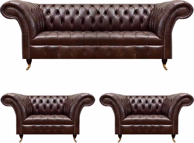 Luxus Braune Chesterfield Ledermöbel Designer Dreisitzer 2x Sessel 3tlg