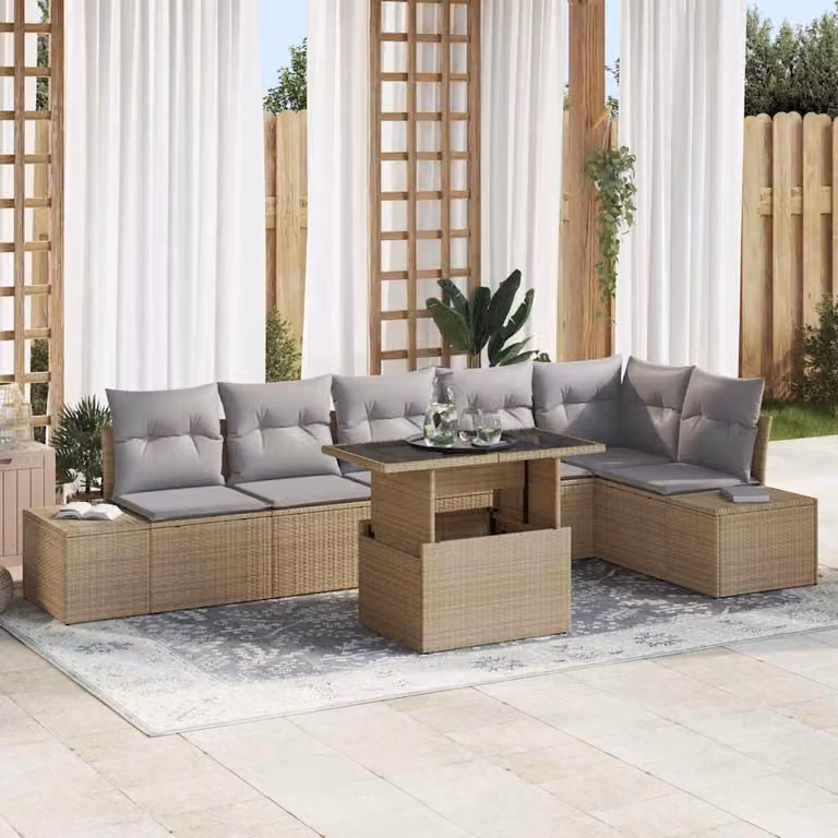 Maison Exclusive - Set da giardino composto da 7 pezzi, divano e poltrone, in rattan sintetico beige