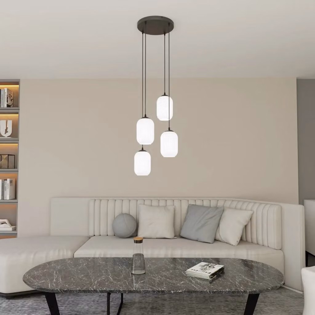 Lampadario sospeso Luceart-Classic con 4 luci, base tonda in acciaio nero e vetri plissettati bianchi, design moderno e organico con altezza regolabile – 2