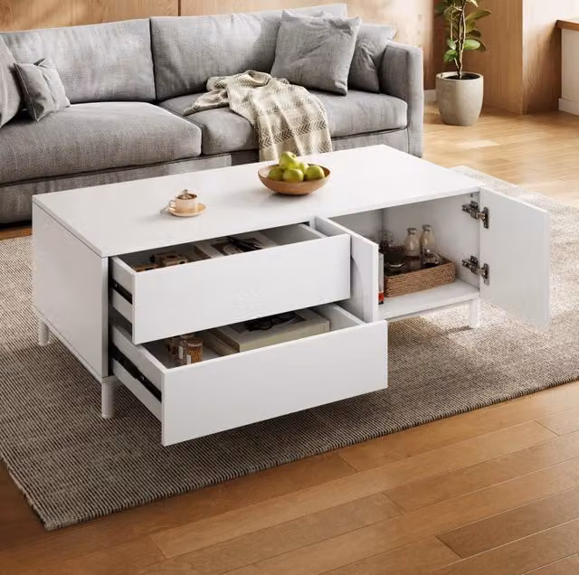 Tavolino da caffè 100x50x39,5 cm bianco con 2 cassetti e 2 ante, truciolare e MDF