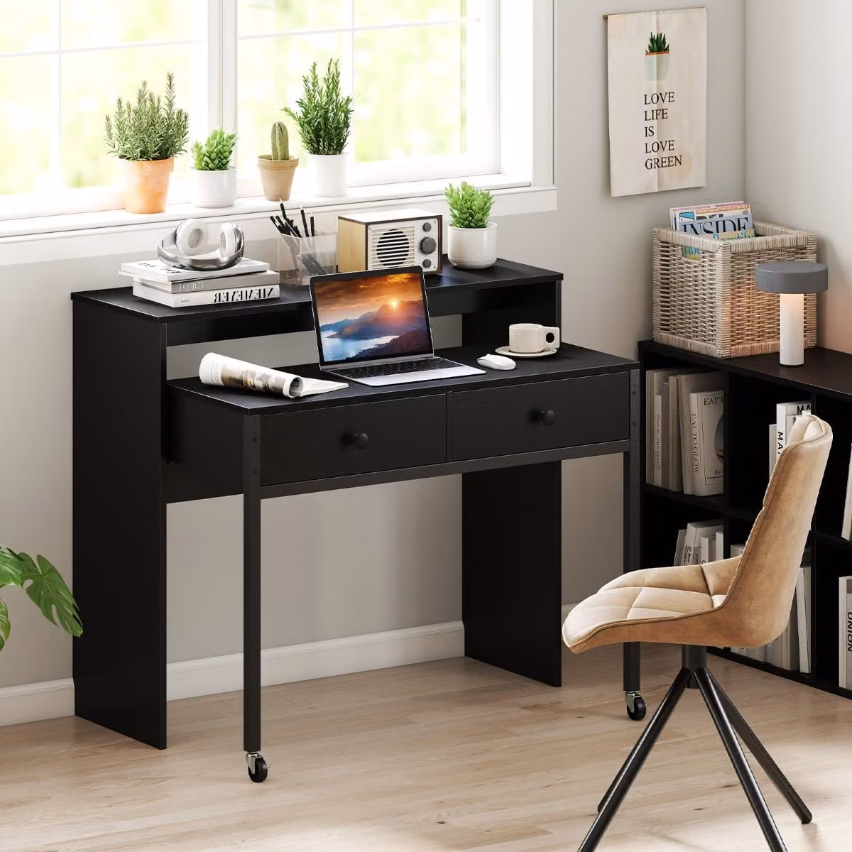 Scrivania per computer moderna Costway con cassetti e ruote, tavolo da trucco compatto in MDF laminato nero per ufficio o casa