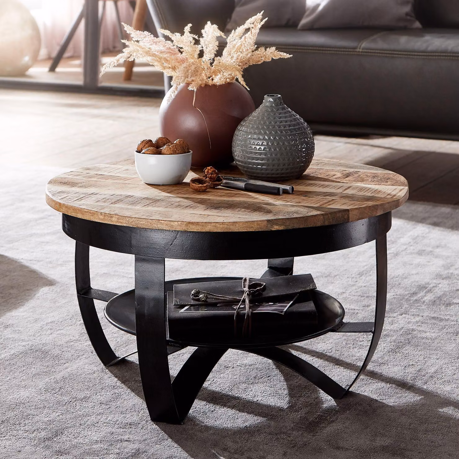 FineBuy tavolino 60x34x60 cm mango legno massiccio/metallo industriale nero tavolo rotondo divano tavolo soggiorno tavolo solido piccolo tavolo soggiorno
