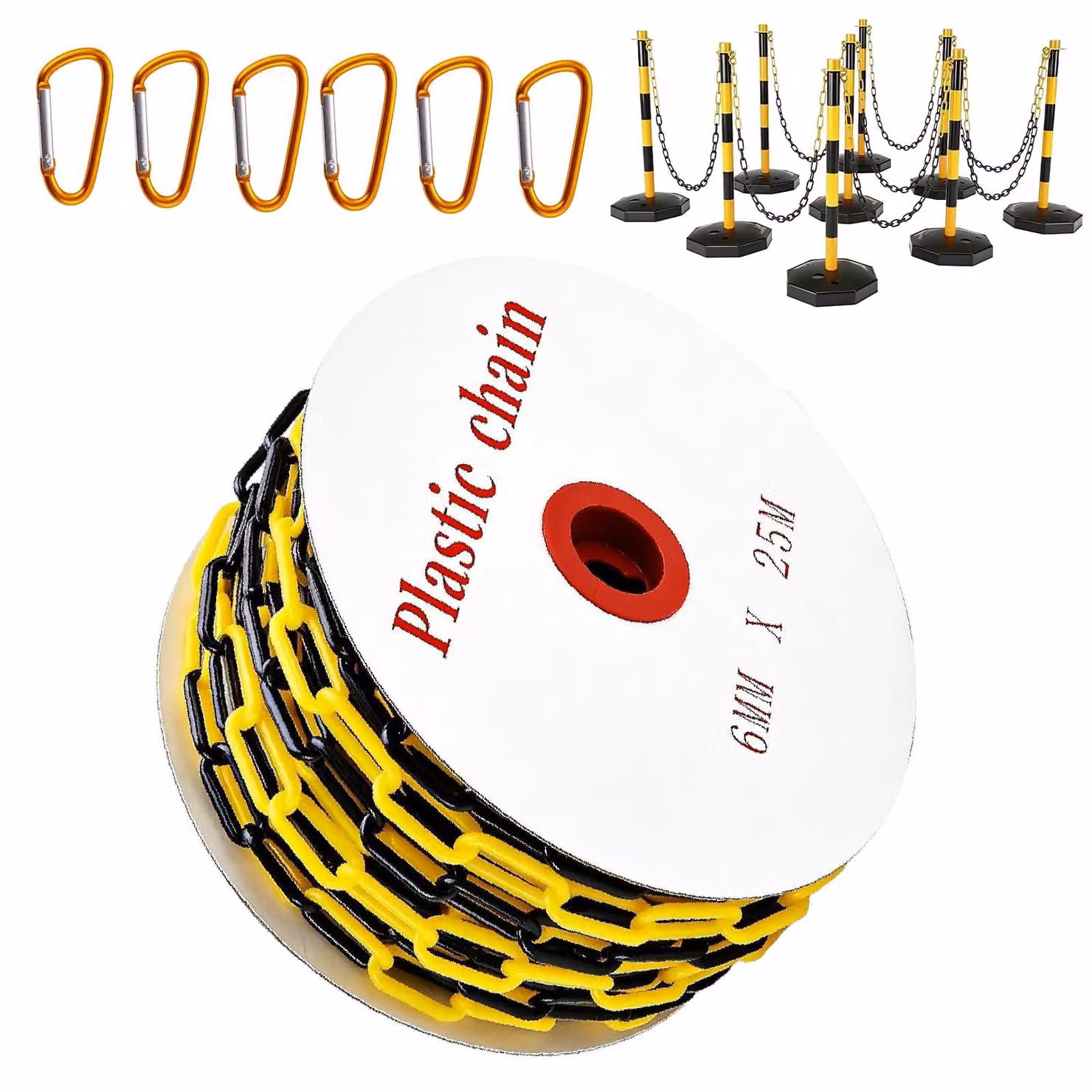 Catena di delimitazione, lunghezza 25 metri, diametro 6 mm, giallo e nero, con 6 ganci a uncino
