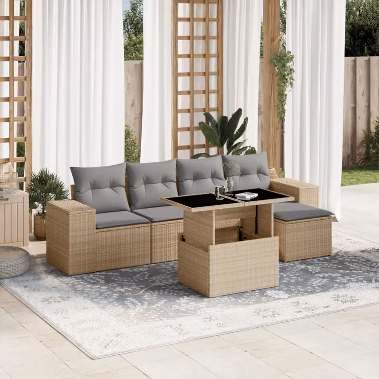 vidaXL Set Divano da Giardino a L composto da 6 pezzi con Cuscini Beige e Tavolino in Vetro
