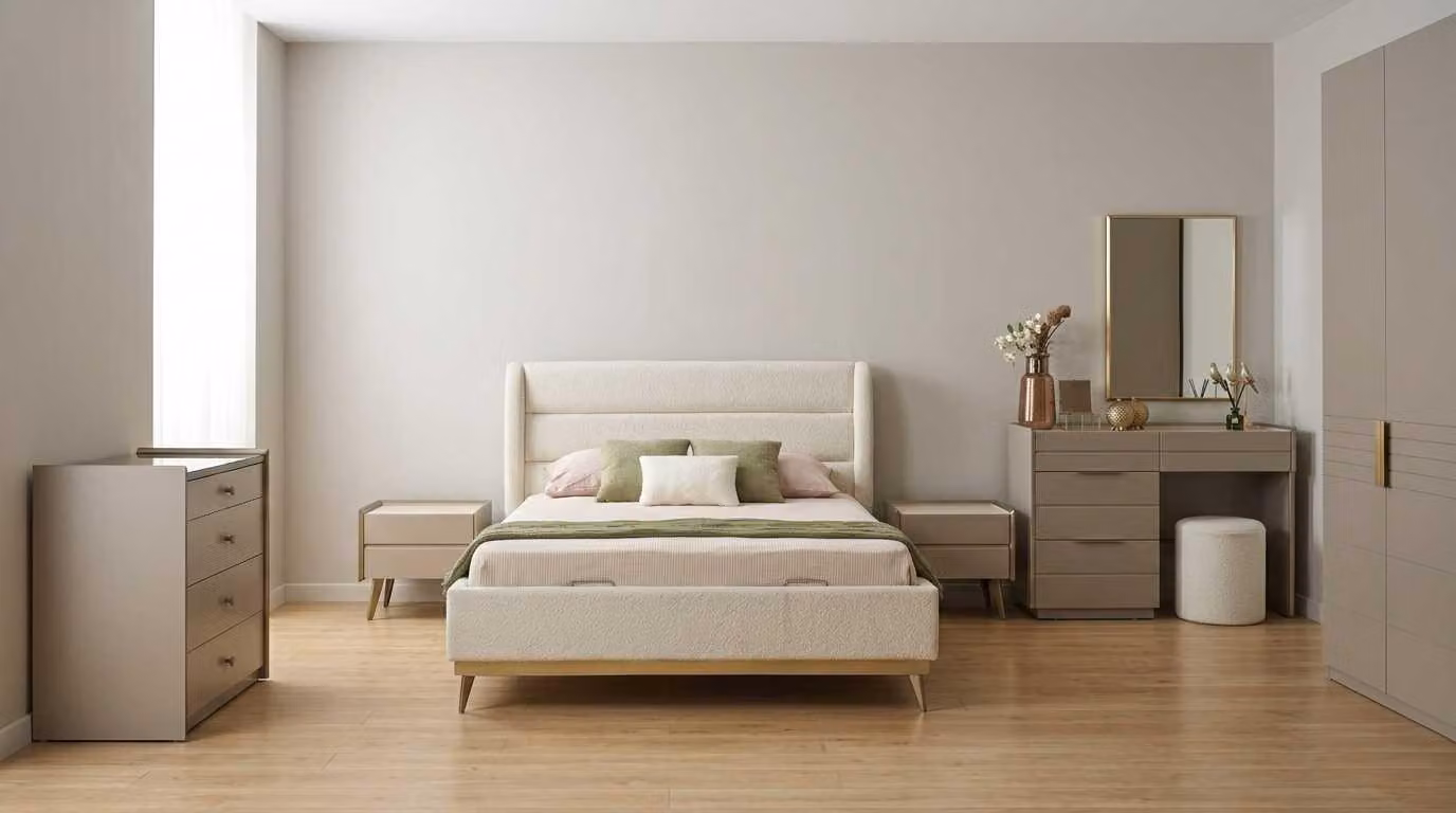 Set per camera da letto beige, moderno e composto da letto, tavolo da trucco e comodini