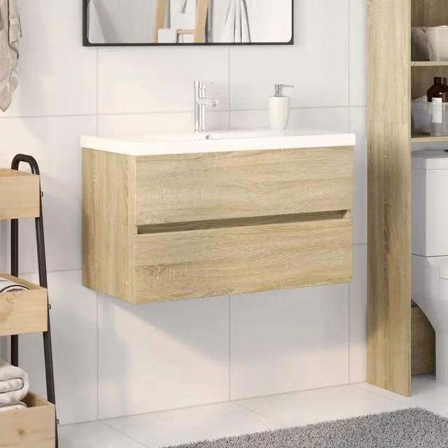 Set Mobili da Bagno Moderno vidaXL in Ceramica e Legno Rovere Bianco e Marrone con Mobile Vanity a Parete e 2 Pezzi