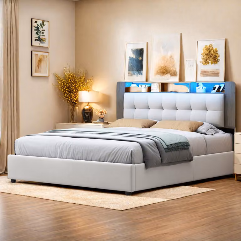 Letto in velluto bianco sporco 140x200cm con schienale, contenitore sulla testata, ricarica wireless, LED ambientali e contenitore idraulico