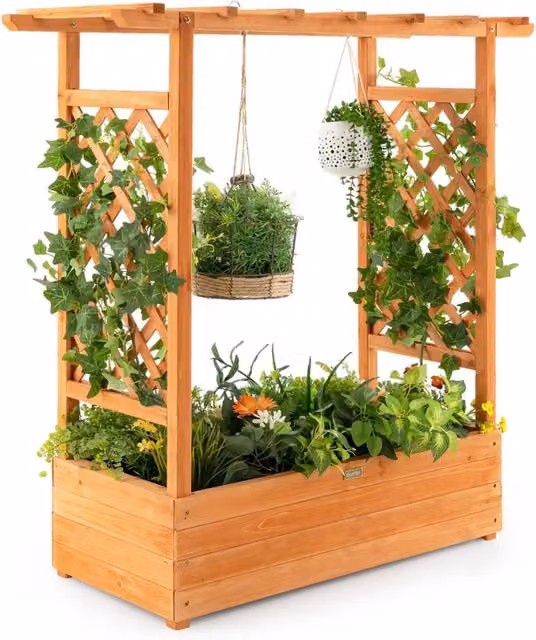 Letto rialzato da giardino in legno con grigliato ad arco arancione per orto e piante rampicanti L: 113,5 cm, P: 44 cm, H: 110 cm