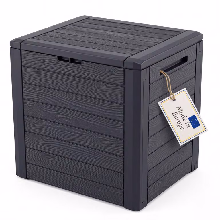BigDean Cassetta da giardino piccola e compatta da 140 litri, ideale per balconi e spazi ridotti, cassetta portaoggetti con finitura effetto legno