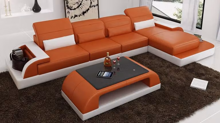 Ledersofa Couch Wohnlandschaft Ecksofa Eck Garnitur Design Sofa USB Orange