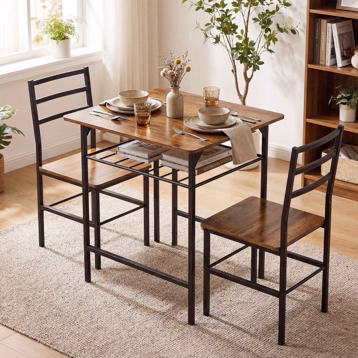 Set tavolo da pranzo HOMCOM con 2 sedie in stile industriale, struttura in metallo e legno, Marrone e Nero – 2
