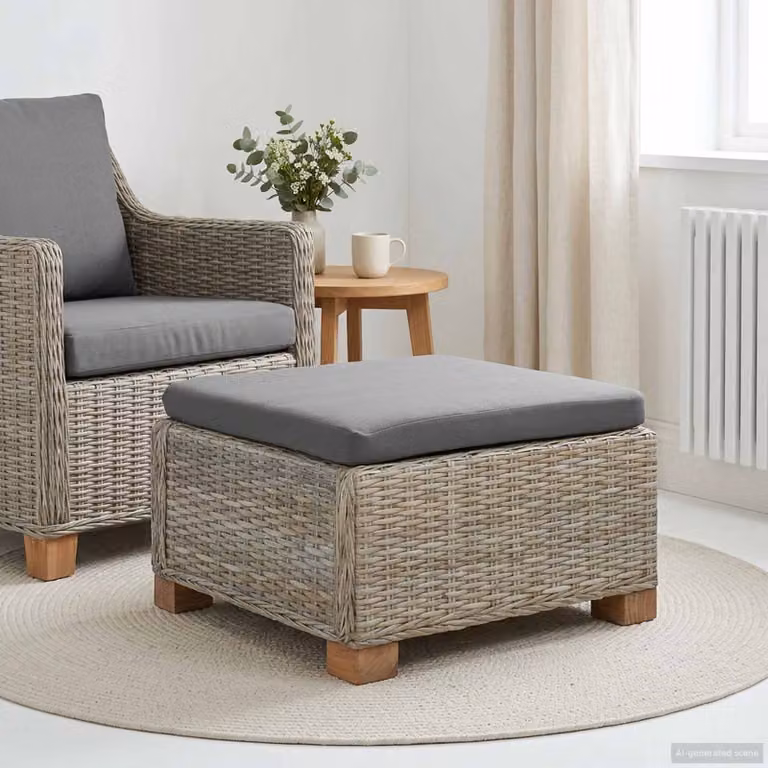 Poggiapiedi con Cuscino vidaXL GENDT in Polyrattan e Legno, Colore Grigio Kubu e Rattan Naturale