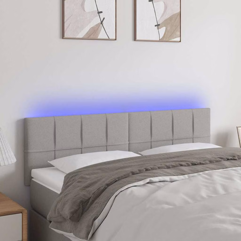 Testiera per letto vidaXL in tessuto grigio con illuminazione LED e porta di ricarica USB, L 144 x P 5 x H 78/88 cm