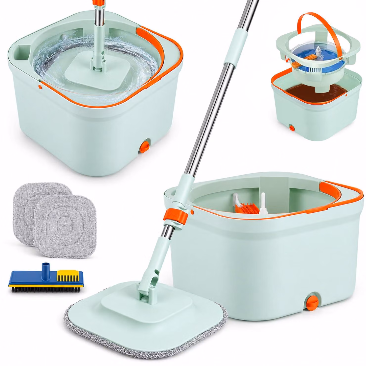 Set per la pulizia a secco, composto da: secchio, mop piatto rotante a 360°, 2 panni in microfibra e manico telescopico