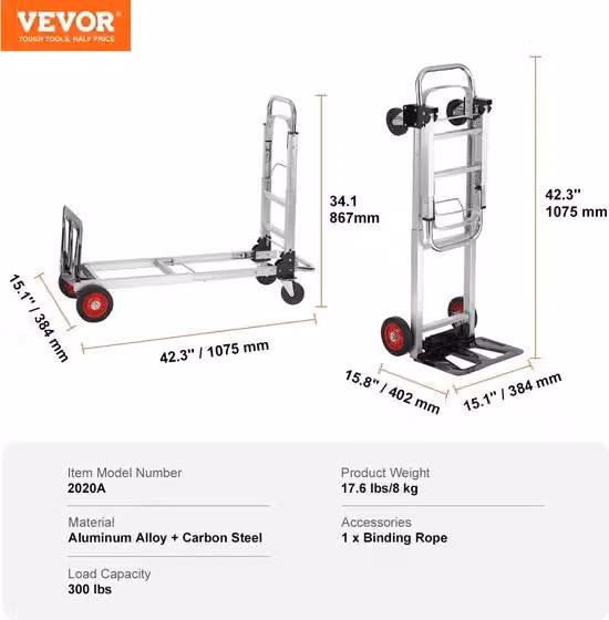 Carrello 2 in 1 pieghevole e inclinabile Vevor in alluminio argento con capacità di carico 140 kg