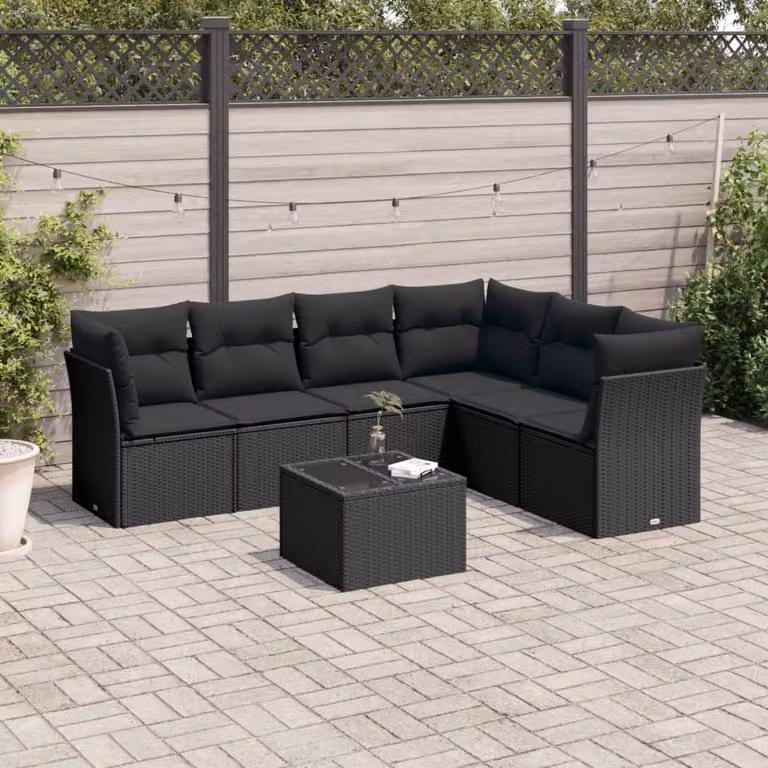 vidaXL Set Divani da Giardino a L con Cuscini 7pz Nero Polyrattan e Tavolino in Vetro
