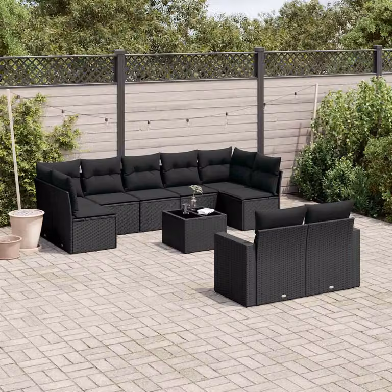 Set di divani da giardino vidaXL in polyrattan nero con cuscini e tavolino da esterno