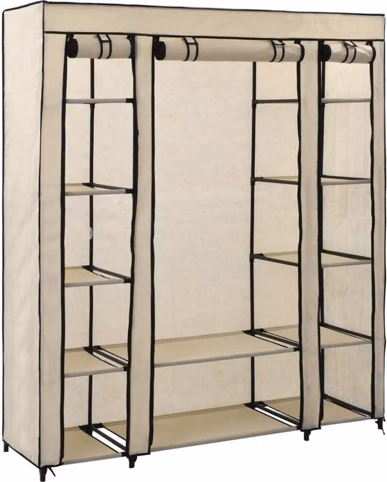 The Living Store Armadio in tessuto con scomparti appendiabiti crema 150x45x176cm