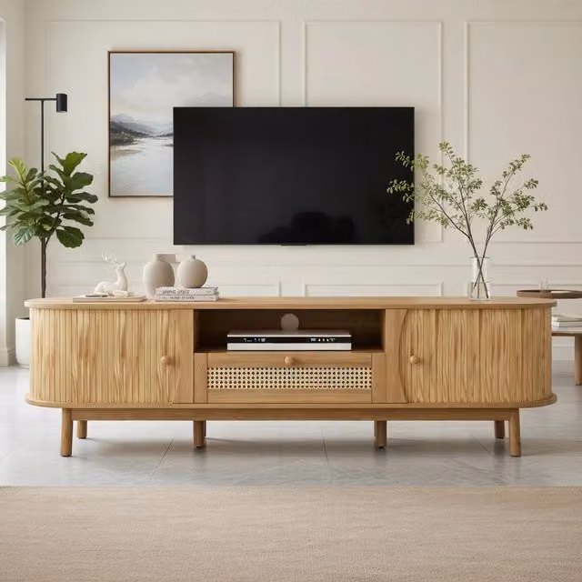 Cassettiera TV KOMHTOM in MDF e rattan color beige, stile rustico, L: 165 cm, P: 37 cm, H: 46 cm