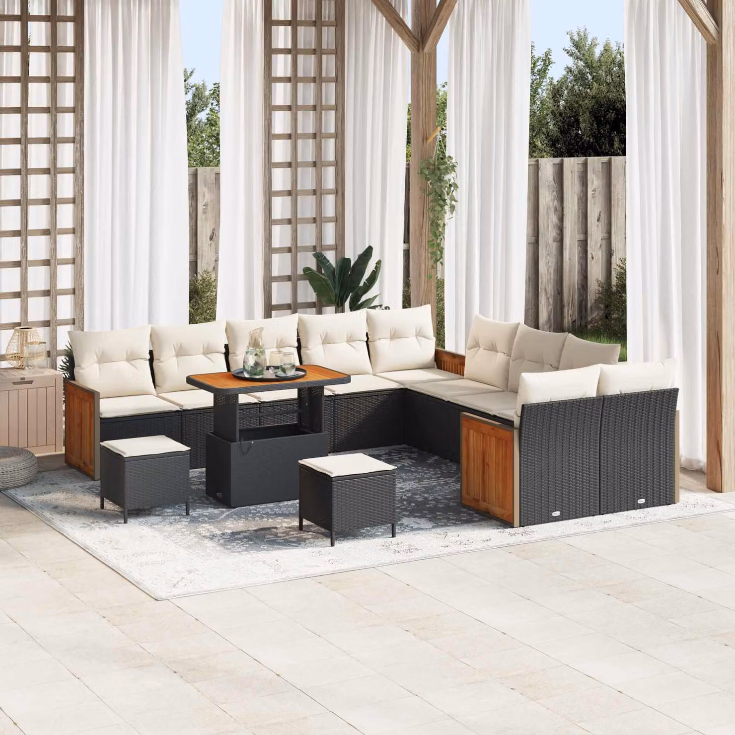Set Divano da Giardino vidaXL 13 Pezzi a Forma di U con Tavolino e Pouf, Nero e Beige – 1